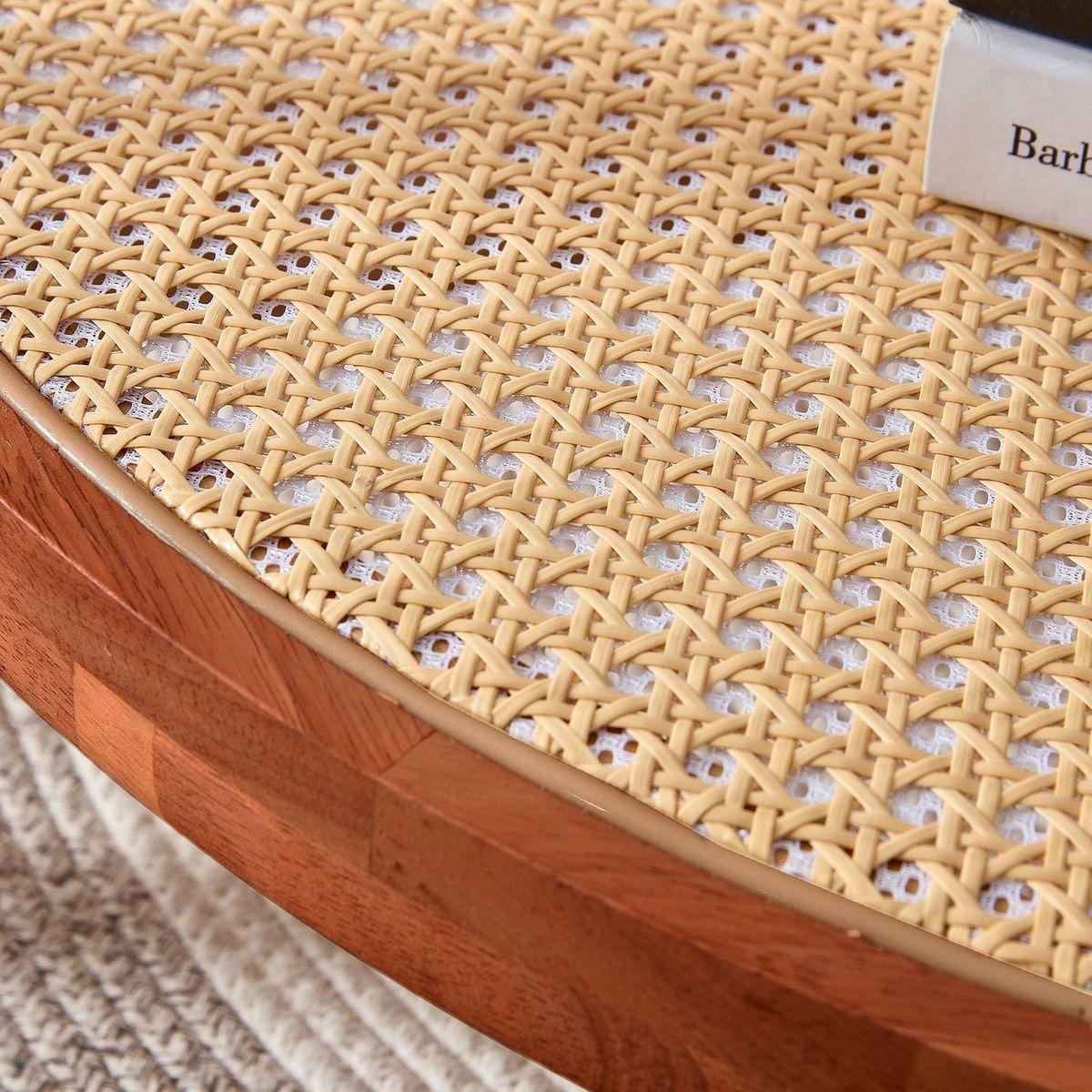 Modern minimalist circular double-layer solid wood coffee table, craft glass tabletop, second layer material: PE rattan, solid wood frame. 34.6 'x 34.6' x 17.7"