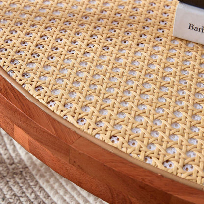 Modern minimalist circular double-layer solid wood coffee table, craft glass tabletop, second layer material: PE rattan, solid wood frame. 34.6 'x 34.6' x 17.7"