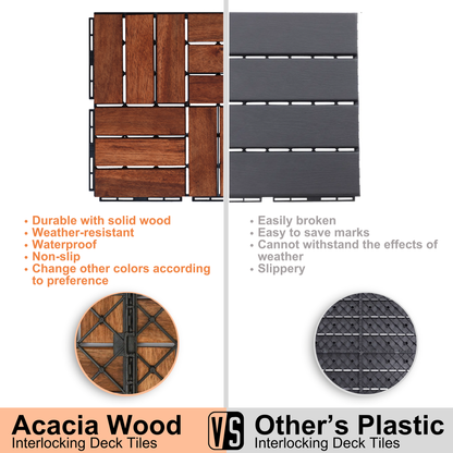 Acacia Wood Interlocking Deck Tiles Checker Pattern, 20 PCS 12" x 12" Square Acacia Hardwood Outdoor Flooring for Patio, Bancony, Pool Side,...