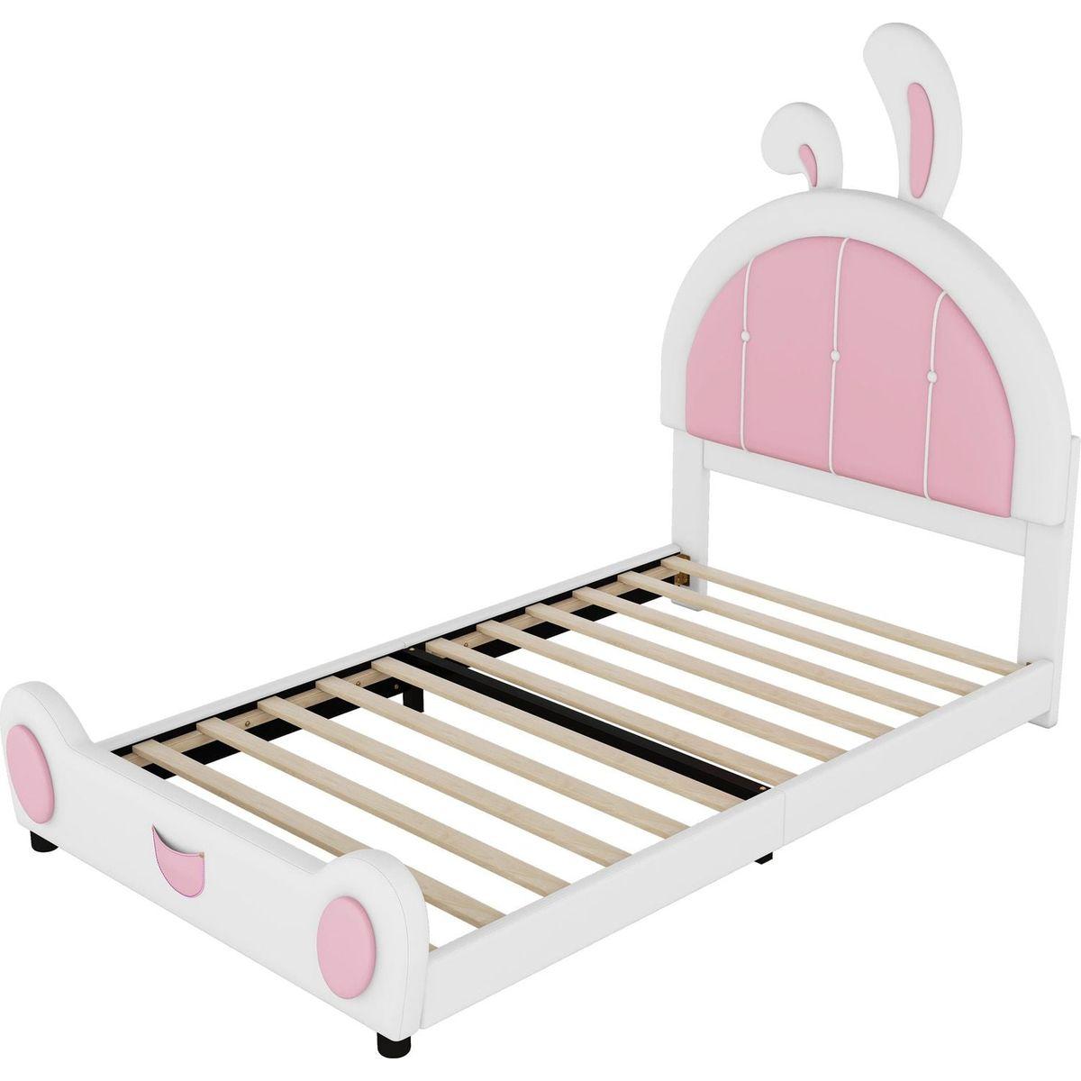 Twin Size Upholstered Platform Bed with Rabbit Shaped Headboard, White