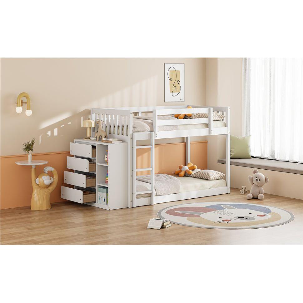 Twin over Twin Bunk Bed with 4 Drawers and 3 Shelves-White