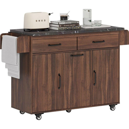 Kitchen Island with Trash Can Storage Cabinet, Kitchen Cart with Drop Leaf, Spice Rack, Towel Rack and Drawer, Rolling Kitchen Island on Wheels with Adjustable Shelf, Walnut Brown