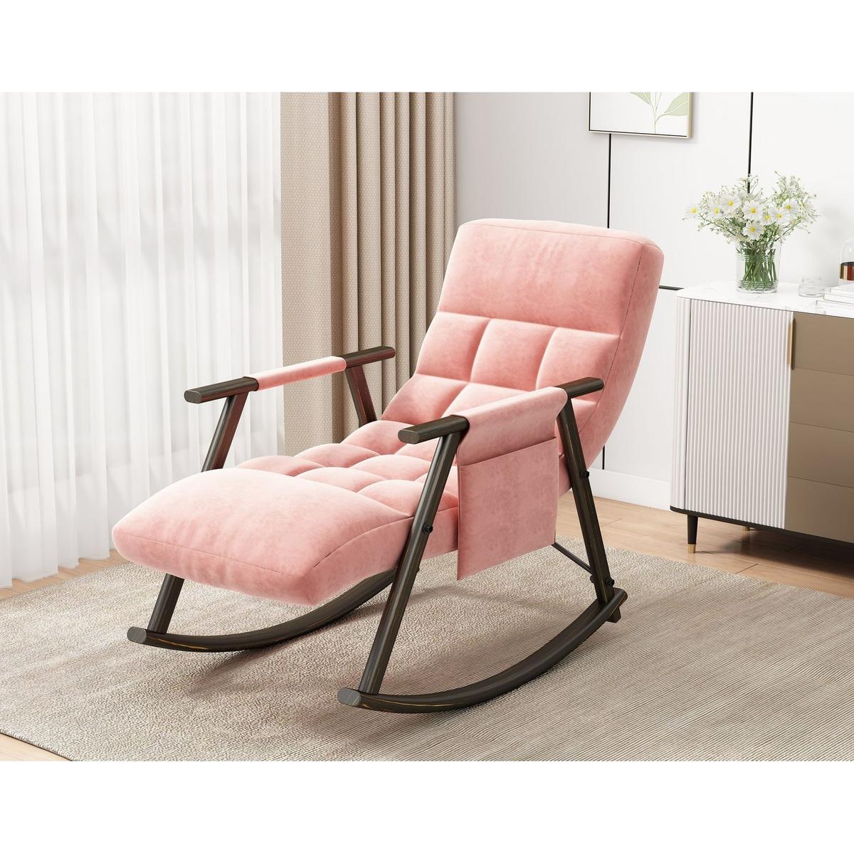 Casual folding rocking chair upholstered, lounge rocking chair adjustable high back and foot rest,side pockets placed in living room bedroom balcony