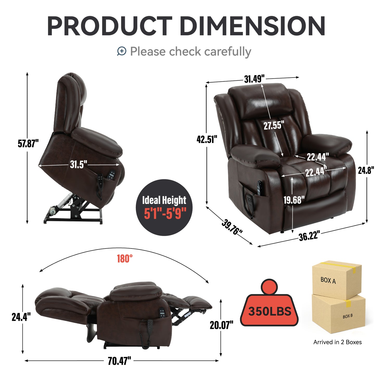 Dual Motor Infinite Position Up to 350 LBS Electric Medium size Genuine Leather Brown Power Lift Recliner Chair with 8-Point Vibration Massage and Lumbar Heating