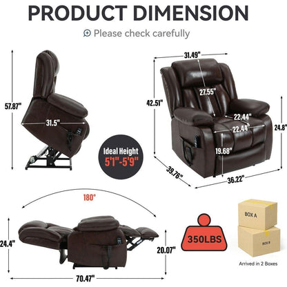 Dual Motor Infinite Position Up to 350 LBS Electric Medium size Genuine Leather Brown Power Lift Recliner Chair with 8-Point Vibration Massage and Lumbar Heating