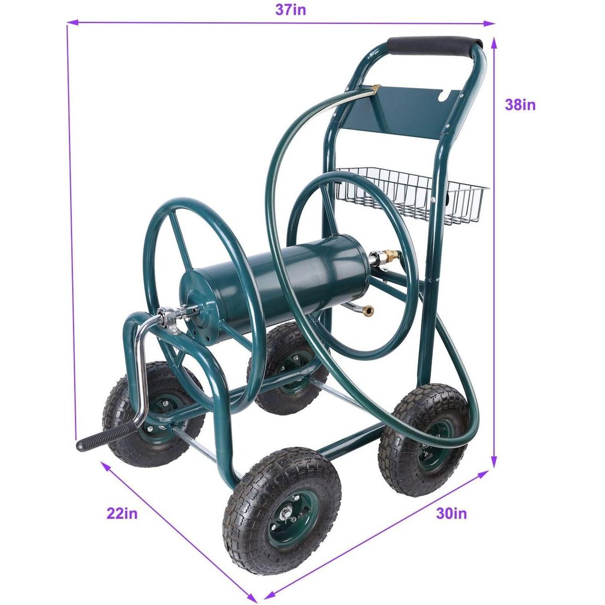 Garden Hose Reel Cart - 4 Wheels Portable Garden Hose Reel Cart with Storage Basket Rust Resistant Heavy Duty Water Hose Holder