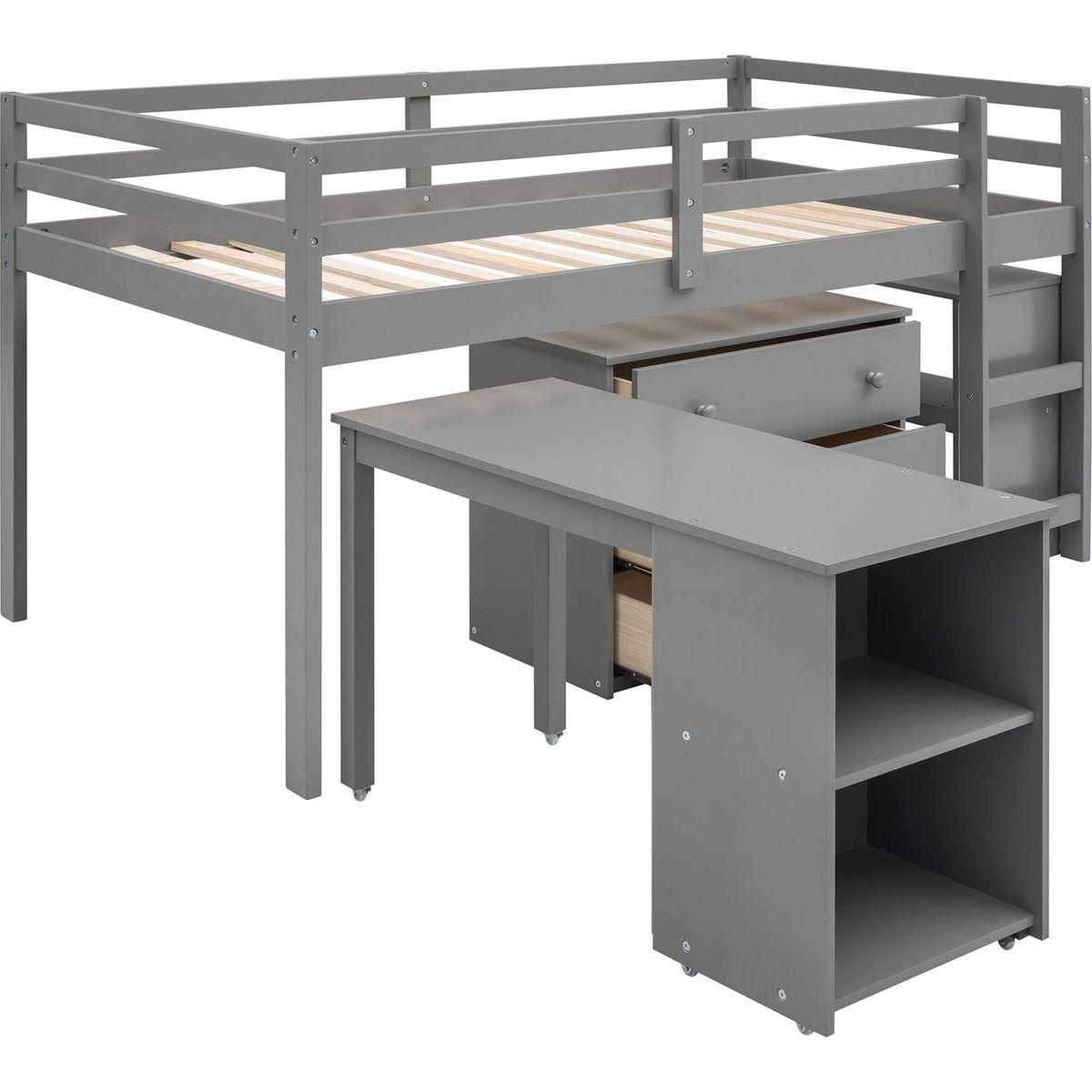 Low Study Twin Loft Bed with Cabinet and Rolling Portable Desk - Gray