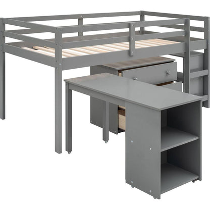 Low Study Twin Loft Bed with Cabinet and Rolling Portable Desk - Gray