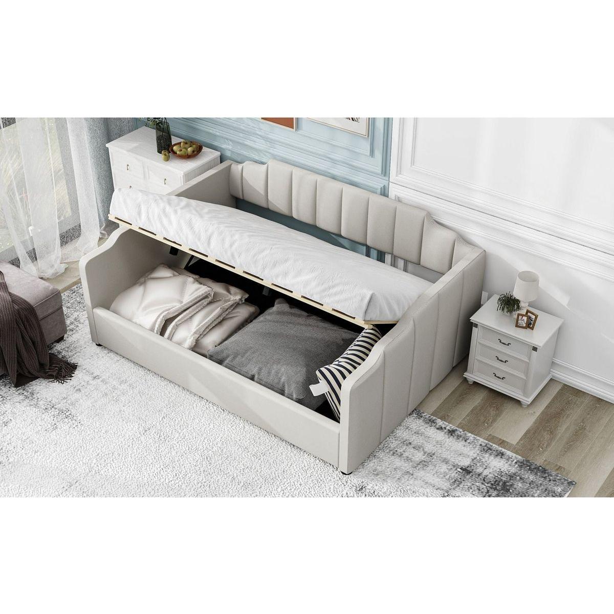 Upholstered Daybed with Underneath Storage,Full Size, White