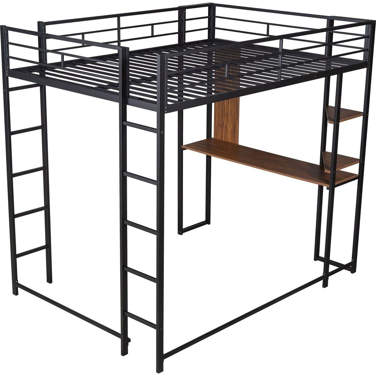 Full Size Metal Loft Bed with 2 Shelves and one Desk, Black
