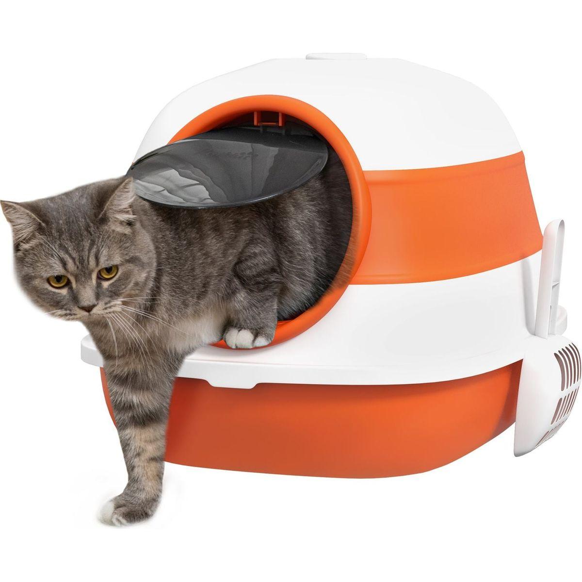 Cat Litter Box with Lid, Covered Litter Box w/ High Sides, Air Freshener, Large Two-Way Entrance Kitty Litter Box, Foldable, Easy Clean, Orange, and Black