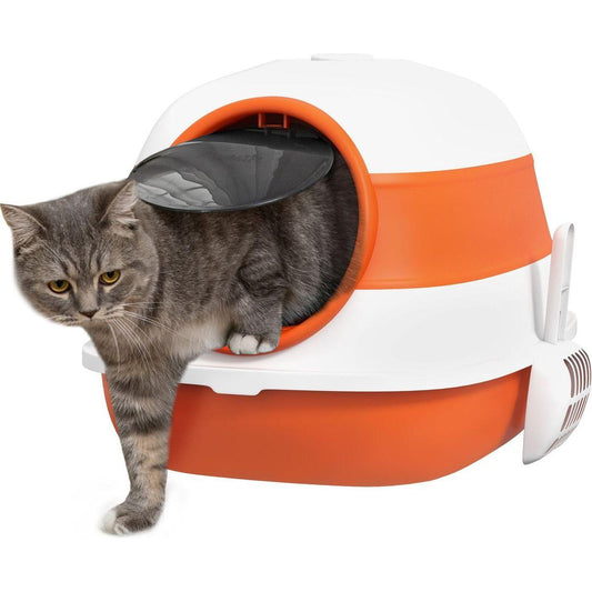 Cat Litter Box with Lid, Covered Litter Box w/ High Sides, Air Freshener, Large Two-Way Entrance Kitty Litter Box, Foldable, Easy Clean, Orange, and Black