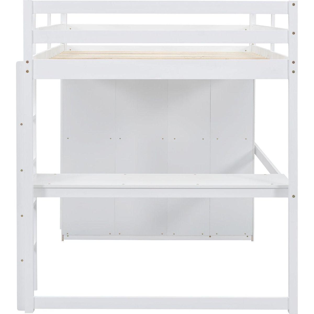Wood Full Size Loft Bed with Built-in Wardrobe, Desk, Storage Shelves and Drawers, White