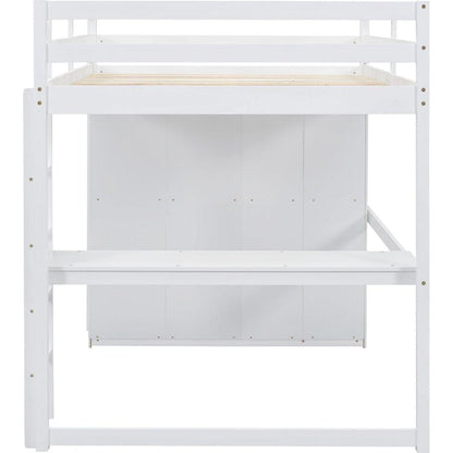 Wood Full Size Loft Bed with Built-in Wardrobe, Desk, Storage Shelves and Drawers, White