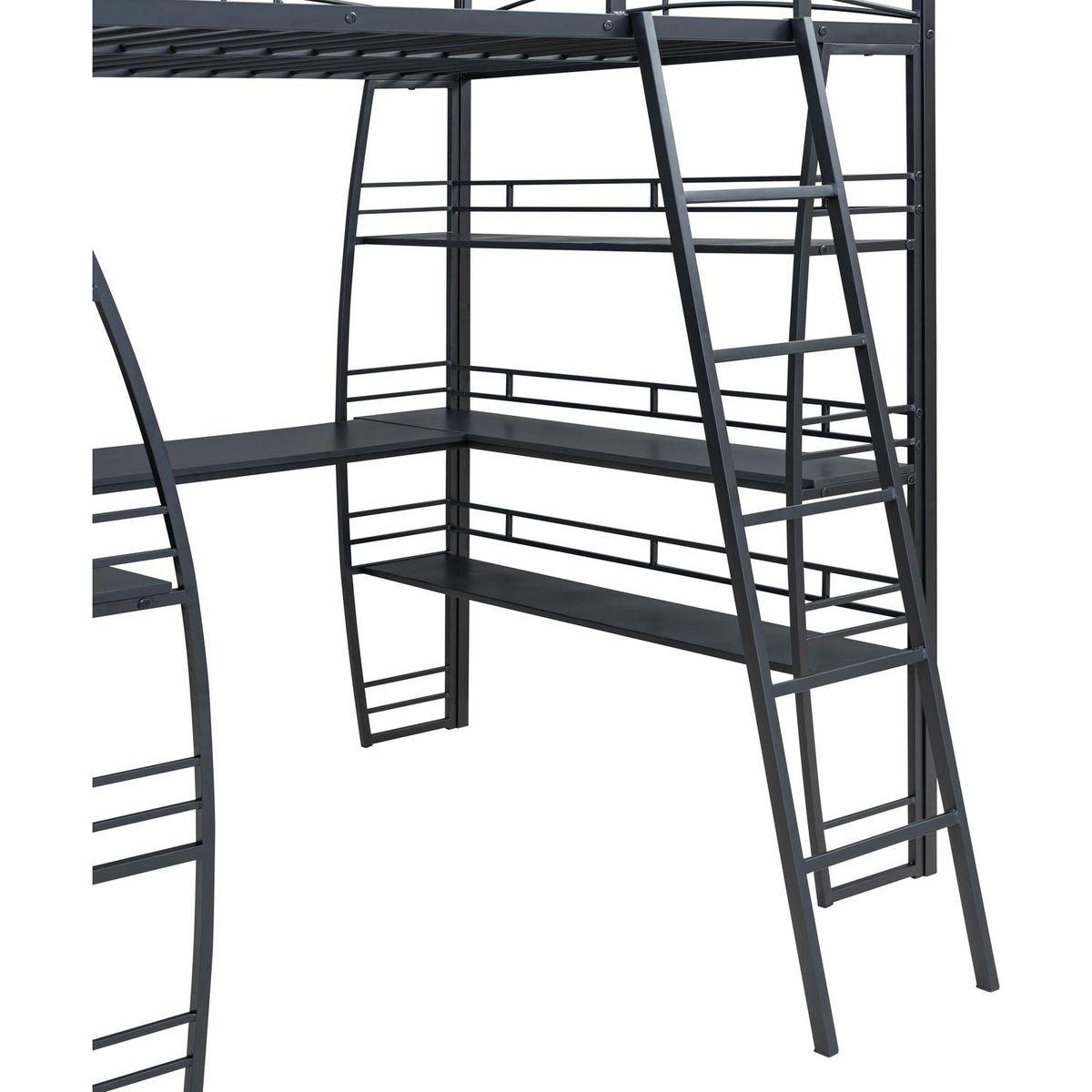 Full Size Loft Bed with 4 Layers of Shelves and L-shaped Desk, Stylish Metal Frame Bed with a set of Sockets, USB Ports and Wireless Charging, Black