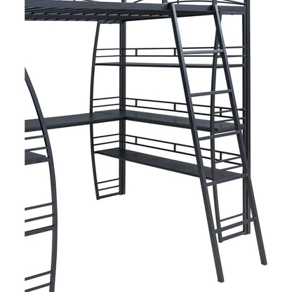 Full Size Loft Bed with 4 Layers of Shelves and L-shaped Desk, Stylish Metal Frame Bed with a set of Sockets, USB Ports and Wireless Charging, Black
