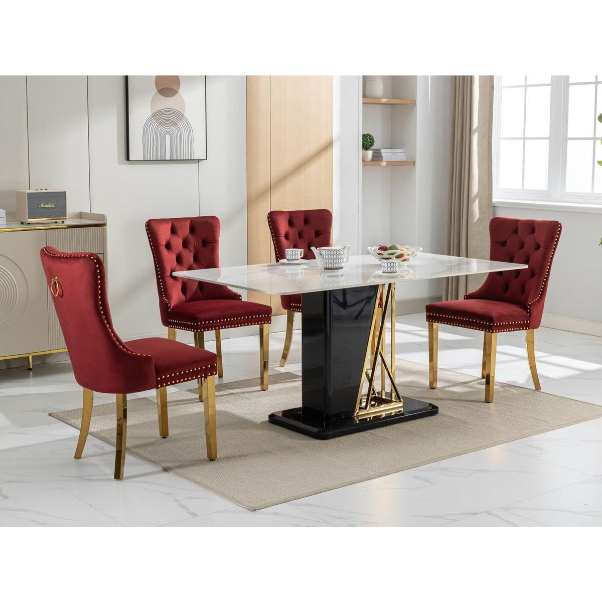 Nikki Collection Modern, High-end Tufted Solid Wood Contemporary Velvet Upholstered Dining Chair with Golden Stainless Steel Plating Legs,Nailhead Trim,Set of 2,Wine Red and Gold, SW1601WR,Burgundy
