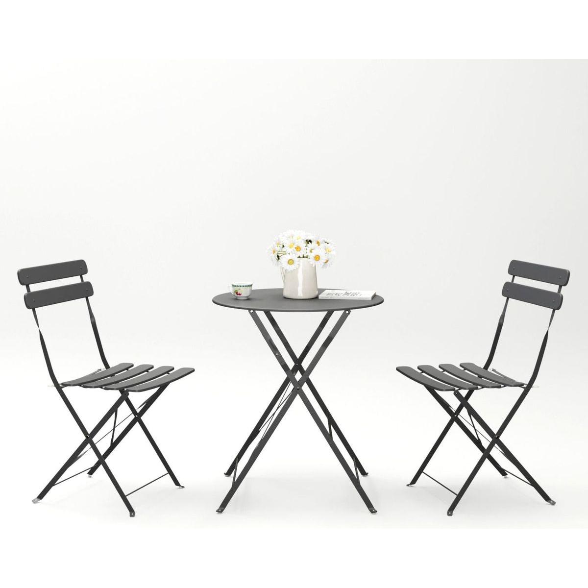 3 Pieces Patio Bistro Balcony Metail Chair Table Set-Gray