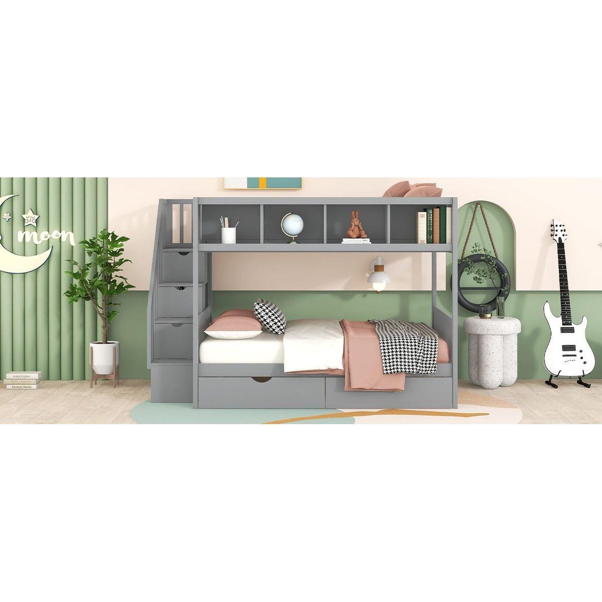 Twin over Full Bunk Bed with Shelfs, Storage Staircase and 2 Drawers, Gray