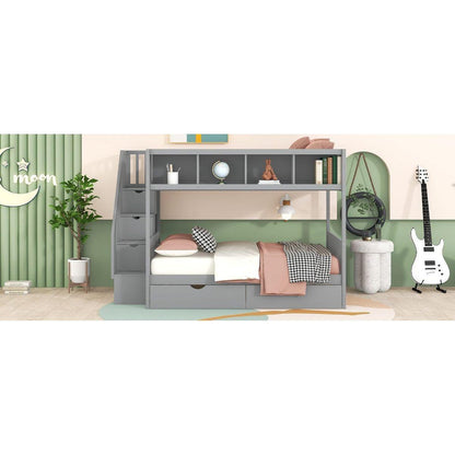 Twin over Full Bunk Bed with Shelfs, Storage Staircase and 2 Drawers, Gray