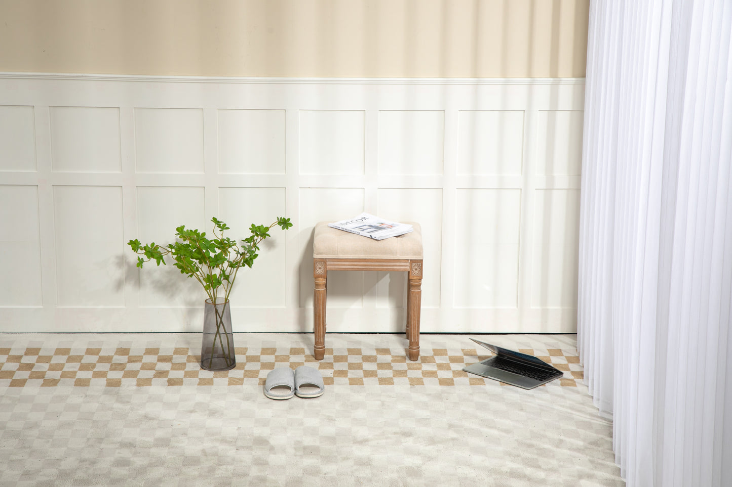 Small Padded Bench, Square Upholstered Rustic Ottoman Bench, Vanity Stools for Bedroom