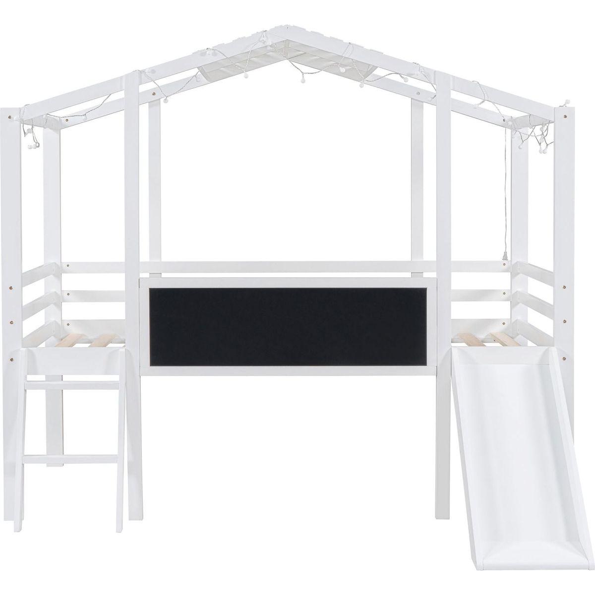 Twin Size Loft Bed with Ladder and Slide, House Bed with Blackboard and Light Strip on the Roof, White