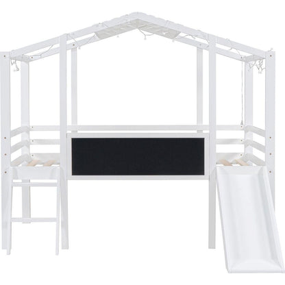 Twin Size Loft Bed with Ladder and Slide, House Bed with Blackboard and Light Strip on the Roof, White