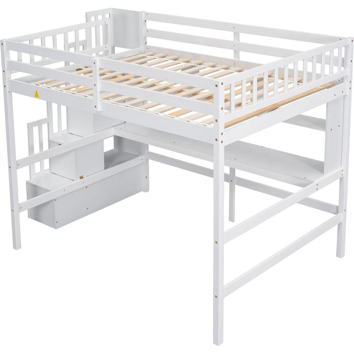 Full Size Loft Bed with Built-in Desk, Bookshelves and Storage Staircase,White