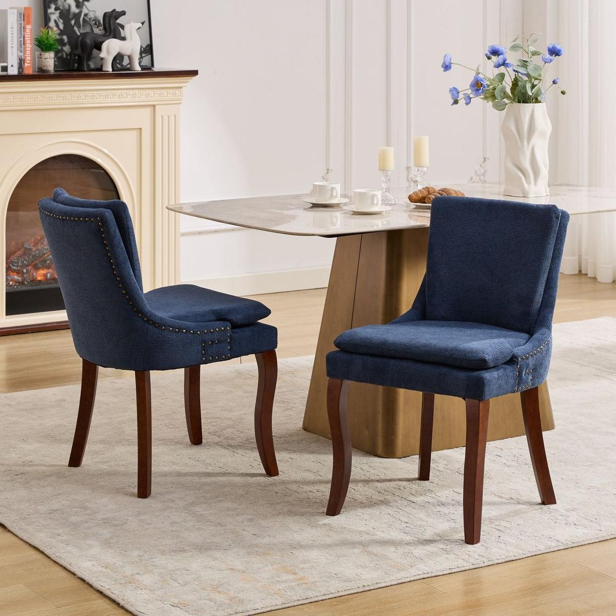 Modern Dining Chairs Set of 2,Double-layer Cushioned Chenille fabric Upholstered Accent Side Leisure Chairs with Mid Back and Curved Solid Wood Legs for Living Room/Dining Room-Blue