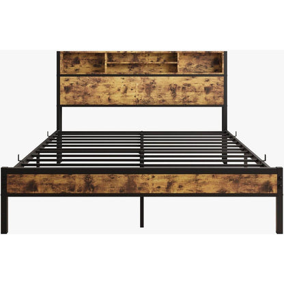 Queen Bed Frame with Storage Headboard, Metal Platform Bed with Charging Station, Bookcase Storage, No Box Spring Needed, Easy Assembly, Noise-Free, Black