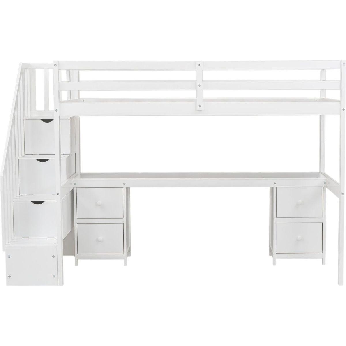 Twin Size Loft Bed Frame with Built-in Desk and Double Storage Drawers,White