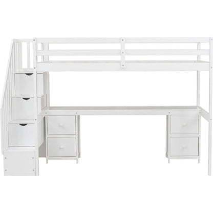 Twin Size Loft Bed Frame with Built-in Desk and Double Storage Drawers,White