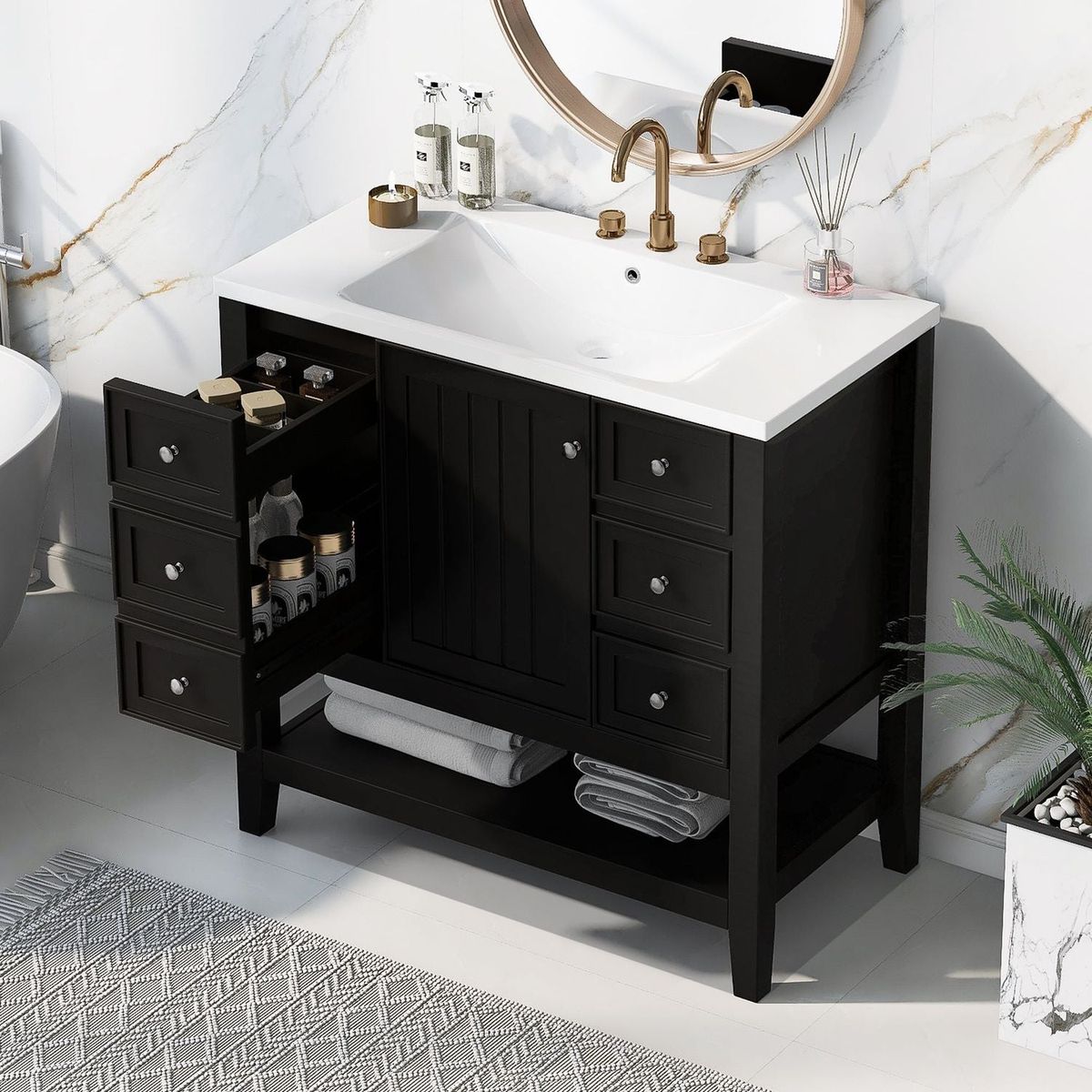 36" Bathroom Vanity with Sink Combo, One Cabinet and Three Drawers, Solid Wood and MDF Board, Black