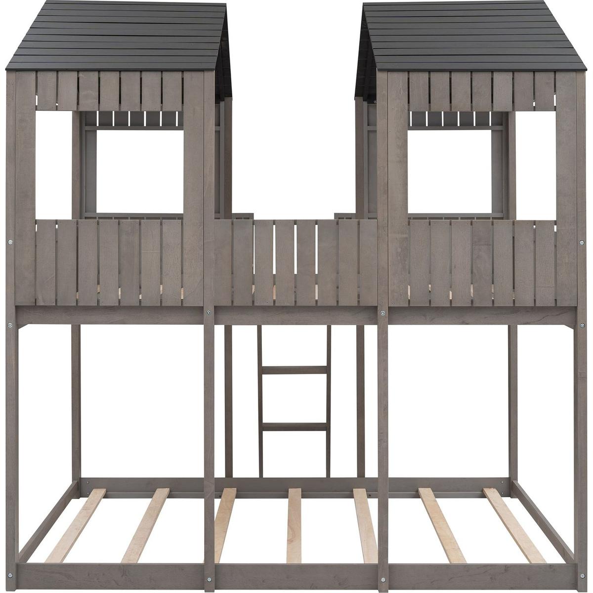 Full Over Full WoodBunk Bed with Roof, Window, Guardrail, Ladder(Antique Gray)