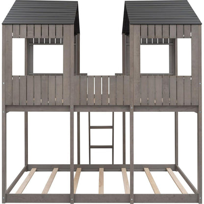 Full Over Full WoodBunk Bed with Roof, Window, Guardrail, Ladder(Antique Gray)