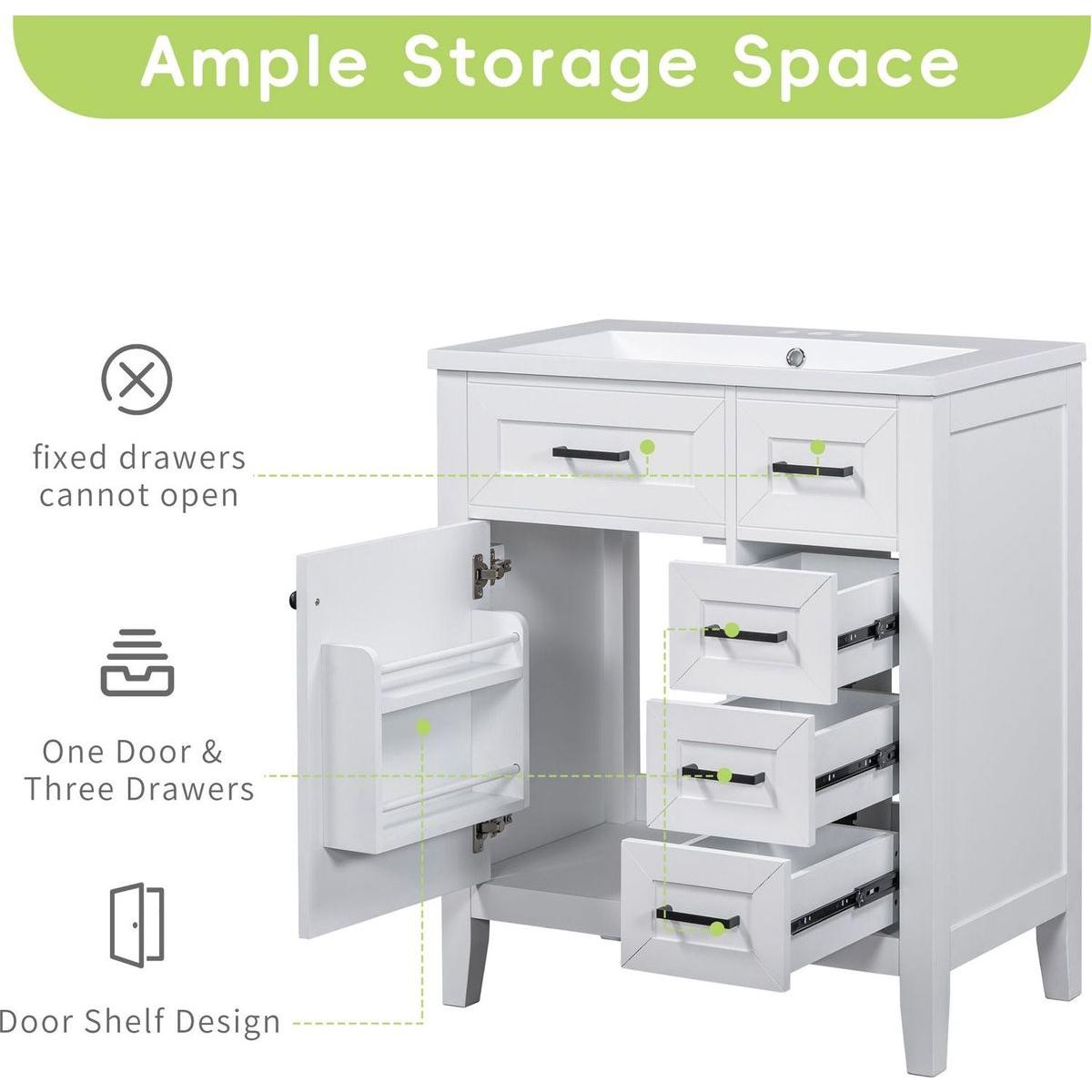 30" Bathroom Vanity without Sink, Cabinet Base Only, Bathroom Cabinet with Drawers, Solid Frame and MDF Board, White