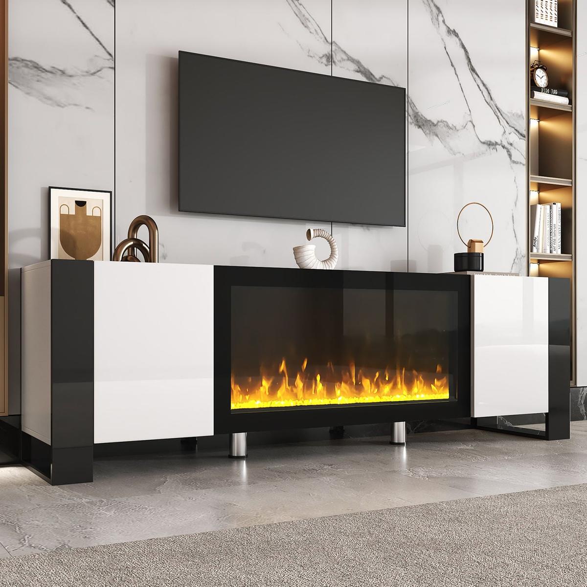 Modern TV Stand with 34.2" Non-heating Electric Fireplace, High Gloss Entertainment Center with 2 Cabinets, Media Console for TVs up to 78", White