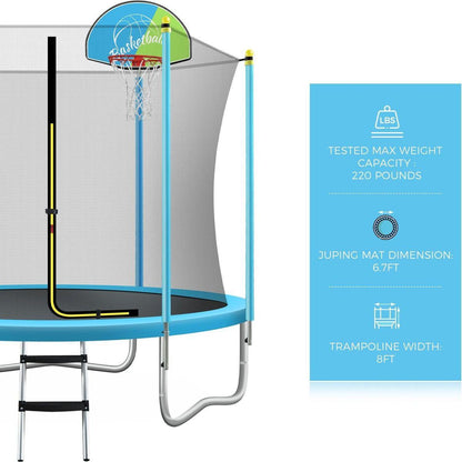 8FT Trampoline for Kids with Safety Enclosure Net, Basketball Hoop and Ladder, Easy Assembly Round Outdoor Recreational Trampoline