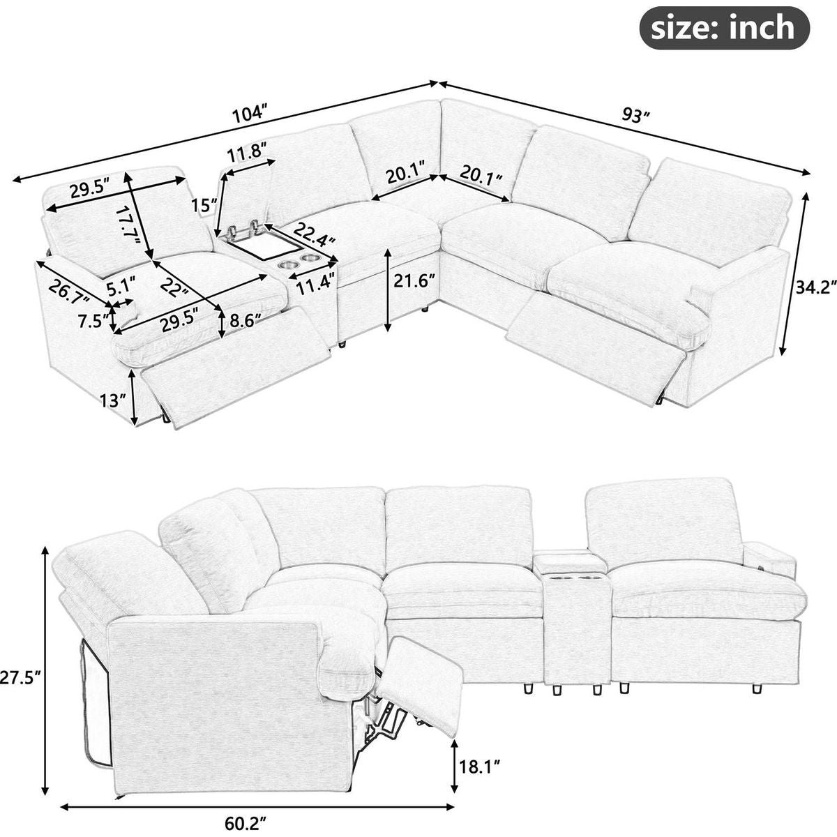 104" Power Recliner Corner Sofa Home Theater Reclining Sofa Sectional Couches with Storage Box, Cup Holders, USB Ports and Power Socket for Living Room, Grey