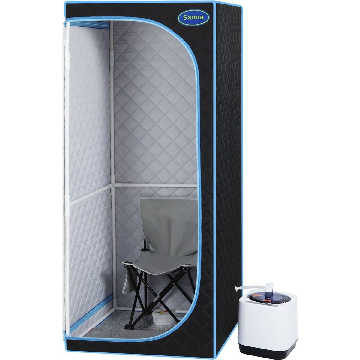 Full Size Portable Black Steam Sauna tent"ersonal Home Spa, with Steam Generator, Remote Control, Foldable Chair, Timer and PVC Pipe Connector Easy to Install.Fast heating, with FCC Certification