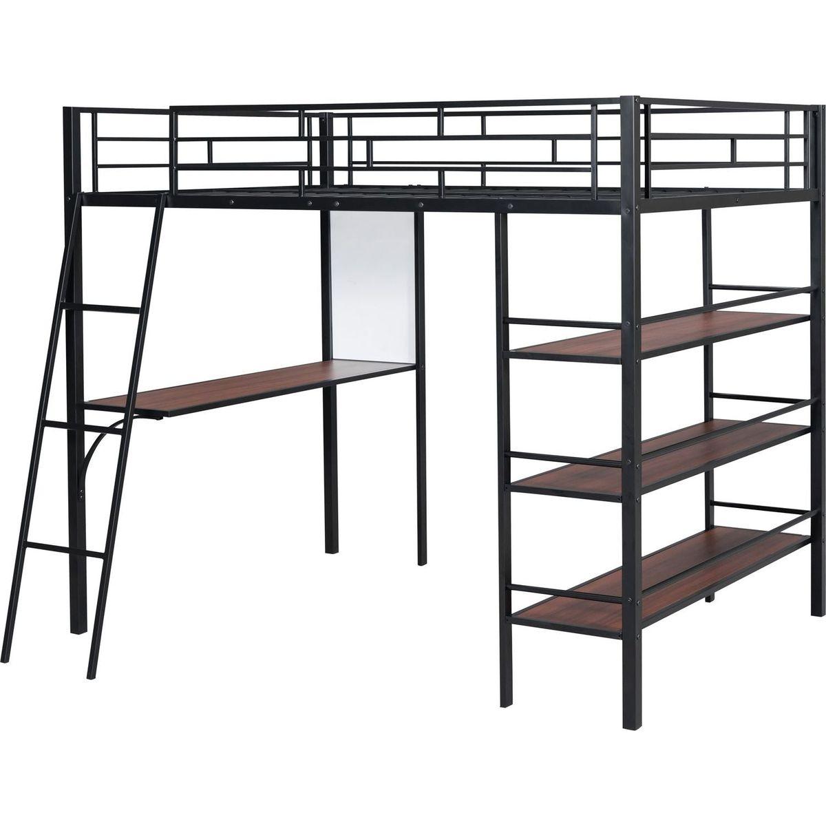 Full Size Loft Metal Bed with 3 Layers of Shelves and Desk, Stylish Metal Frame Bed with Whiteboard, Black