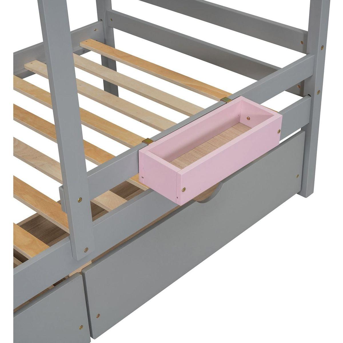 Twin over Twin Bunk Bed with 2 Drawers, 1 Storage Box, 1 Shelf, Window and Roof-Gray