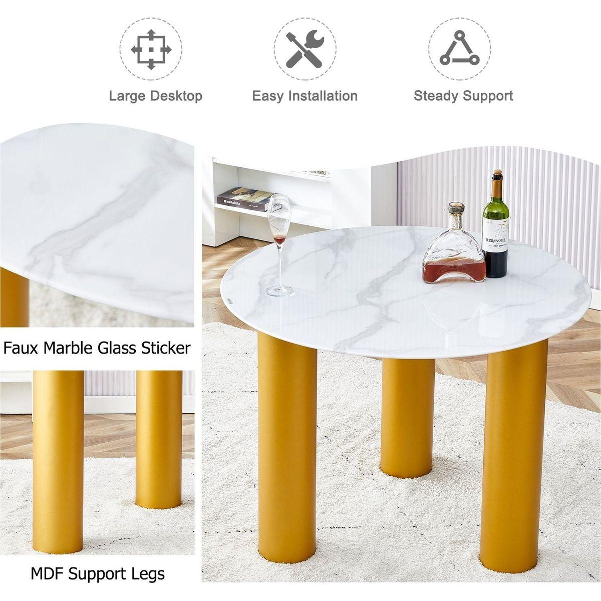 Table and chair set, round table with white marble pattern, gold MDF table legs, soft and comfortable dining chair, suitable for kitchen and living room