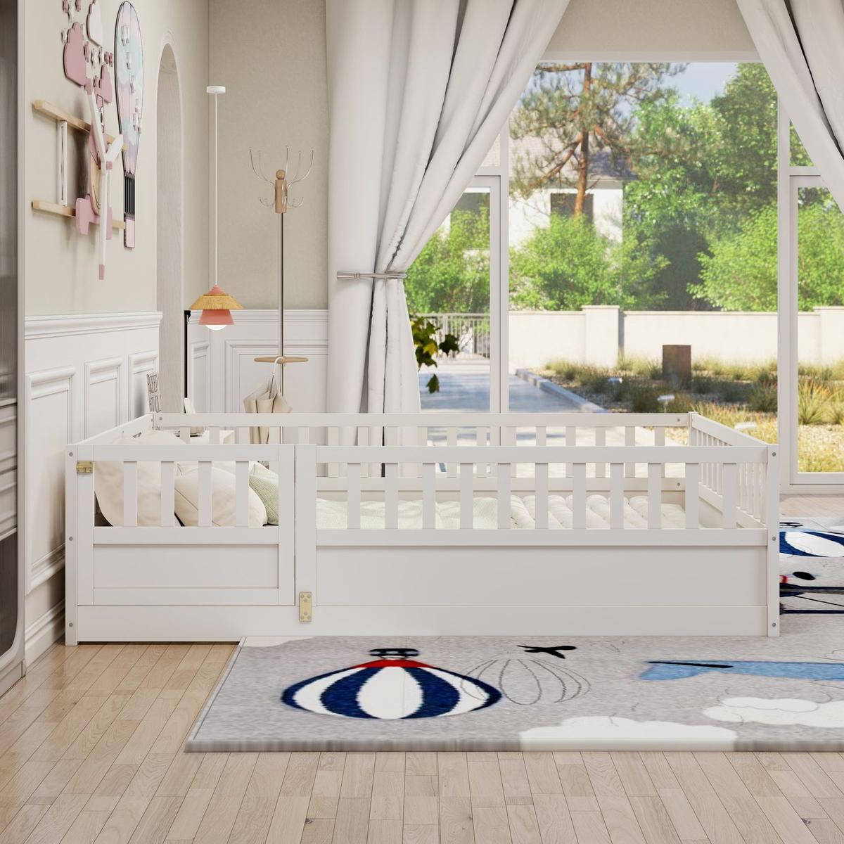 Full size Floor bed, integral construction with super high security barrier, door, children's floor bed frame, Montessori wooden children's floor bed, Support slat white - Streamdale Furniture