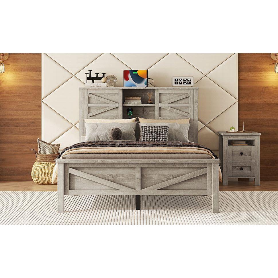 Farmhouse Platform Bed with Double Sliding Barn Door, Full Size Rustic Wood Bed with Charging Station, Wood Slats Support, Antique Gray