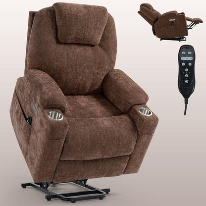 Okin motor Up to 350 LBS Chenille Power Lift Recliner Chair, Heavy Duty Motion Mechanism with 8-Point Vibration Massage and Lumbar Heating, USB and Type-C Ports, Stainless Steel Cup Holders, Brown