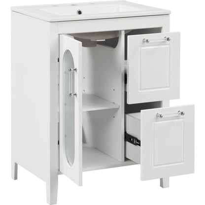 24" Bathroom Vanity with Sink, Bathroom Vanity Cabinet with Two Drawers and Door, Adjustable Shelf, Solid Wood and MDF, White