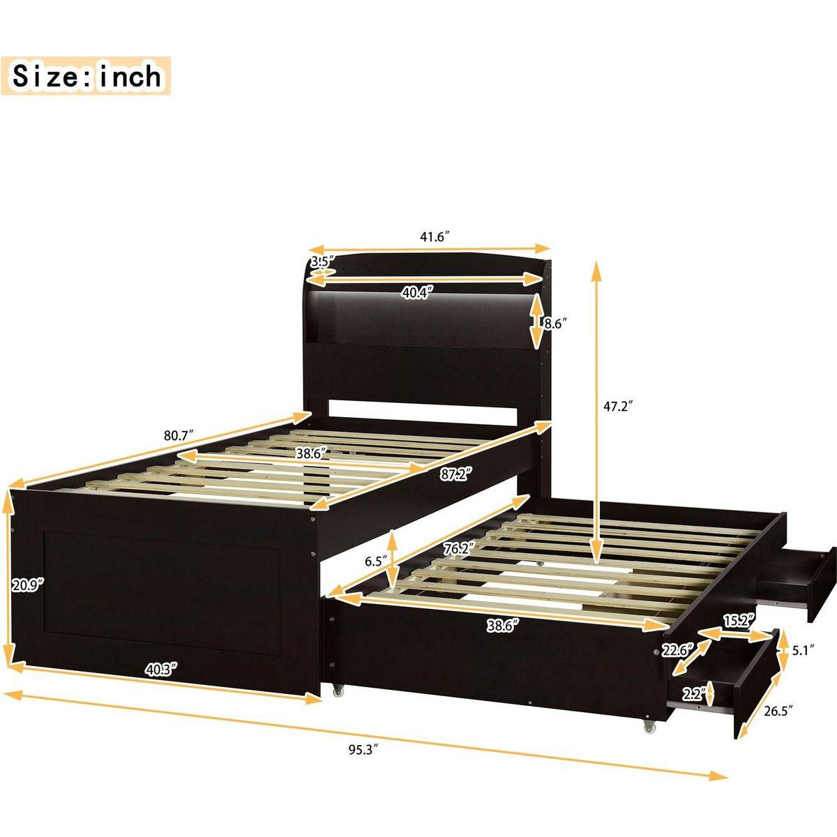 Twin XL Size Platform Bed with Storage LED Headboard, Charging Station, Twin Size Trundle and 2 Drawers, Dark Brown