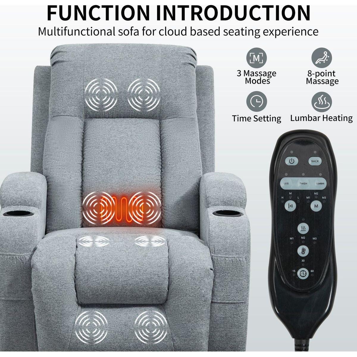 Infinite Position Okin Motor Up to 350 LBS Power Lift Recliner Chair for Elderly, Heavy Duty Motion Mechanism with 8-Point Vibration Massage and Lumbar Heating, USB Charging Port, Cup Holders, Grey