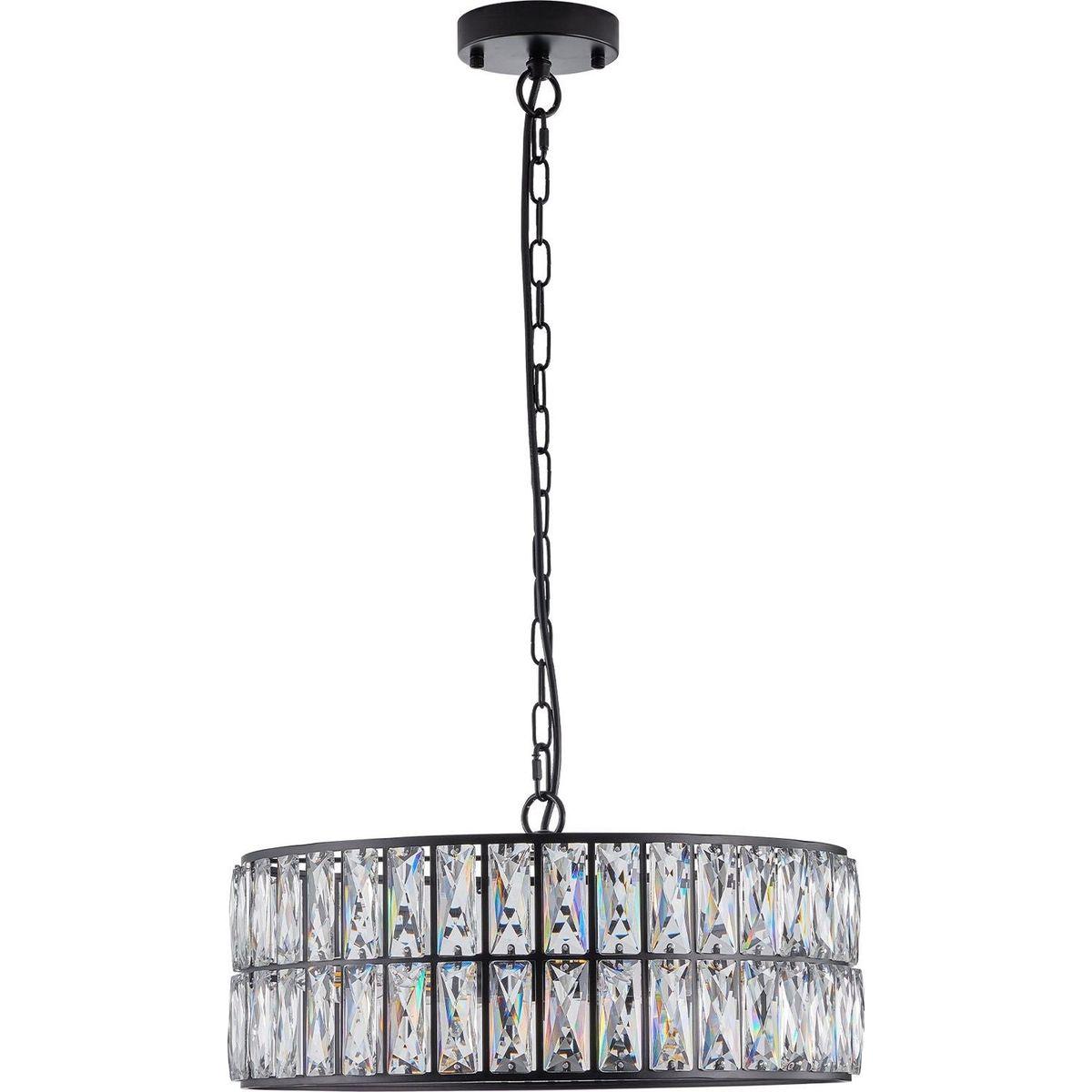 Modern Crystal Drum Chandelier, 6-Light Pendant Lighting Fixture with Black Metal Frame for Living Room, Dining Room, and Bedroom (Bulbs Not Included)